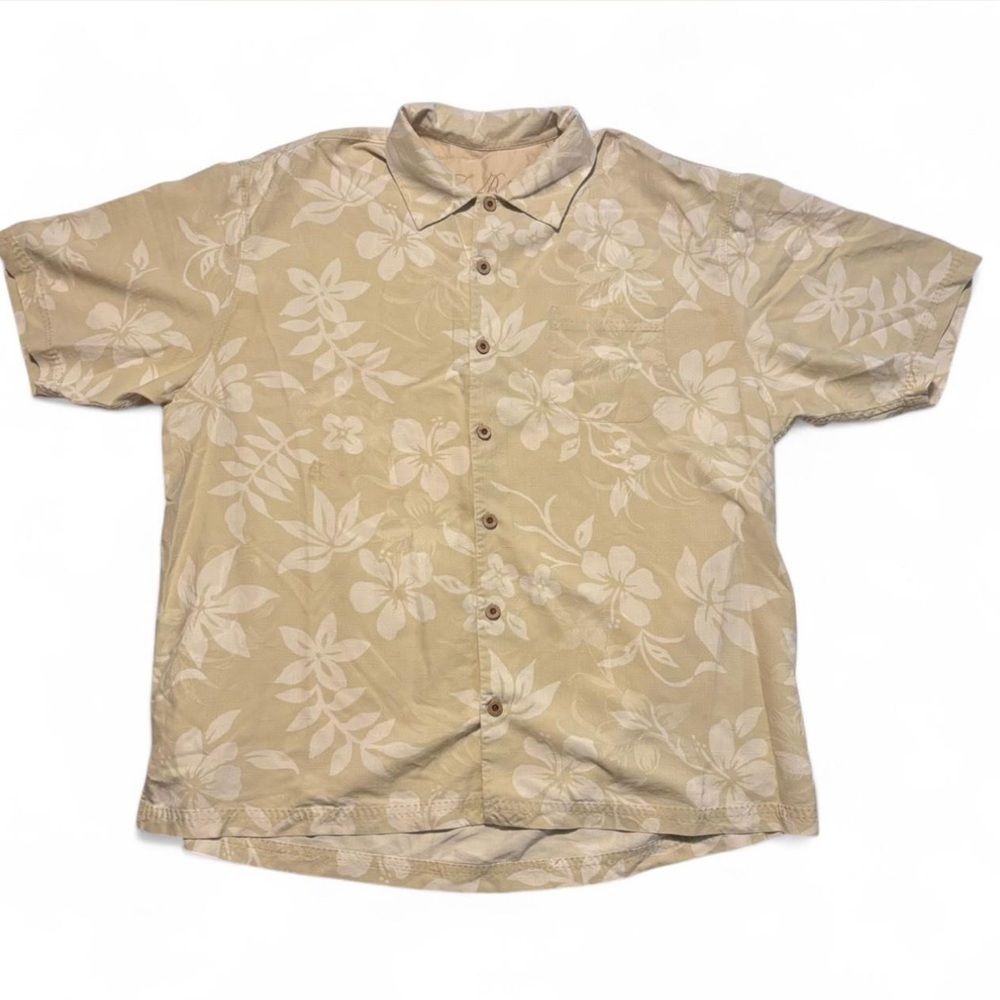 Tommy Bahama Silk Shirt XL Beige Floral Aloha Hawaiian Button Down Camp FLAW